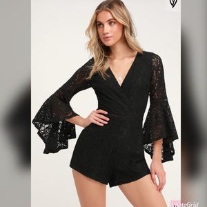 Lulus - Babygirl Black Lace Faux Wrap Romper
